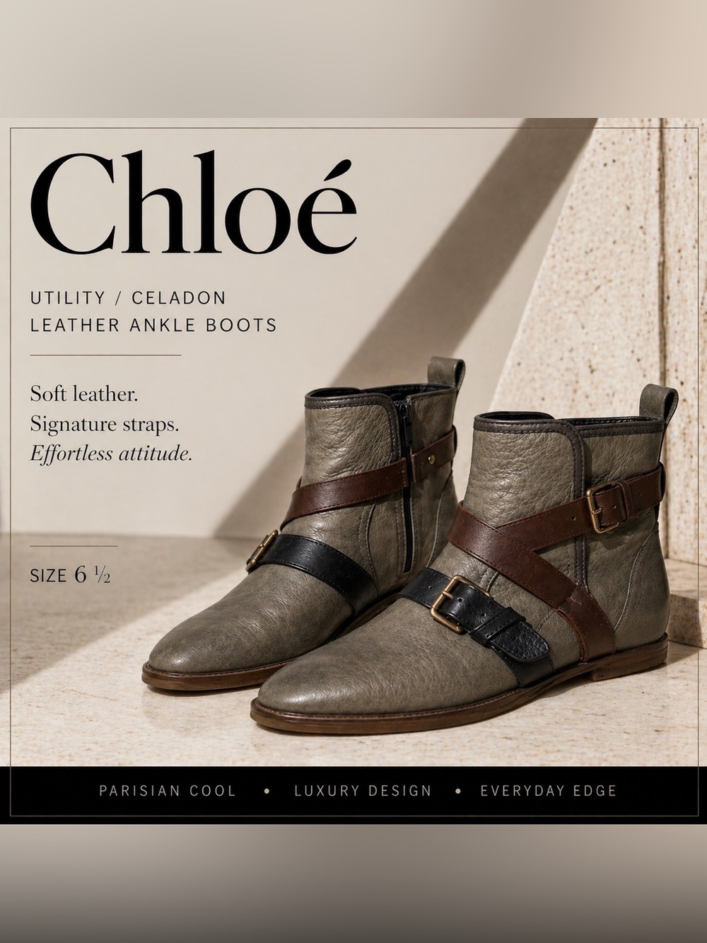 CHLOÉ “Utility / Celadon” Leather Ankle Boots ✨ Wrap Buckle Straps | Size 6.5